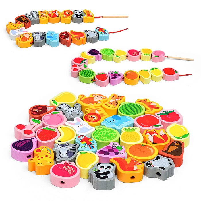 Шнуровка D1606-2 "Фрукты и дикие животные" 32 предмета в пакете